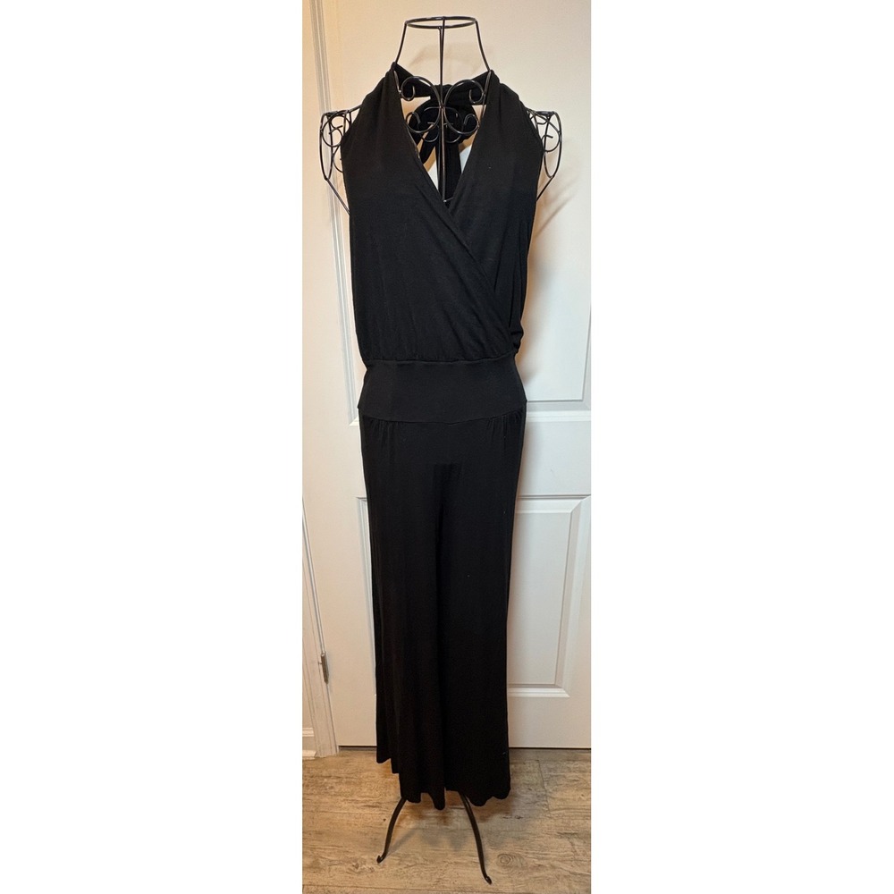 Mara Hoffman Black Halter Jumpsuit Wide Leg Surplice Neck Rayon Stretch Small